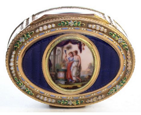 A German Enamel and gold box of oval form the cover set with a central panel painted on pliene with maidens lighting a torch 