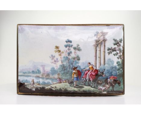 A Magnificent Enamel Casket Probably Birmingham c1755-60 of Rectangular shape The lid painted with figures in a Italianate Ca