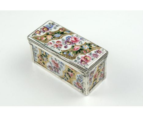 A rare French enamel silver-mounted snuff box, c1720. The enamel panels with roses and summer flowers inlaid with gold bands.