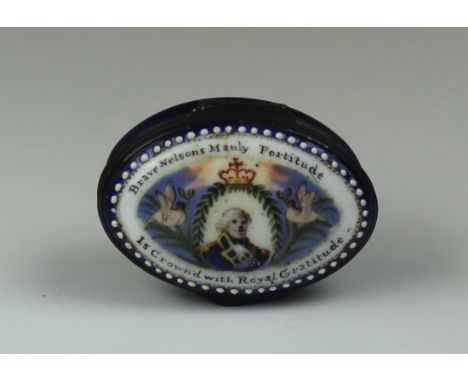 Rare Bilston Enamel Navette shaped Nelson patch box Declaring Brave Nelsons manly fortitude is crowned with British Gratitude