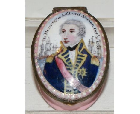 Rare Bilston Enamel Nelson Patch Box Declaring "In Memory of Ad Lord Nelson Oct. 21st 1805" on Pink Groundc1805.
PLEASE CLICK