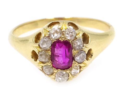 Ruby and old cut diamond cluster ring 18ct unmarked Condition Report 2.9gmsize K-L. The cluster head size =  1cm x 0.7cm. Rub