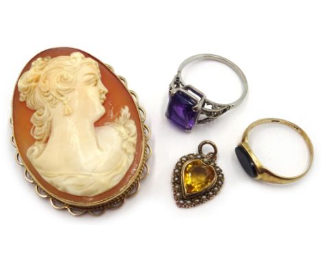 9ct gold cameo brooch and black onyx ring, both hallmarked, gold citrine and seed pearl pendant and diamond and amethyst set 