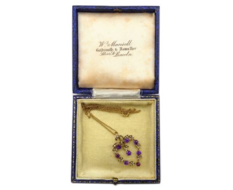 Edwardian amethyst and seed pearl pendant necklace stamped 9ct Condition Report Click here for further images, condition, auc