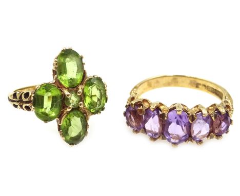 Gold five stone amethyst ring and gold peridot dress ring, both hallmarked 9ct Condition Report Approx 7.6gm, Size O-P & MCli