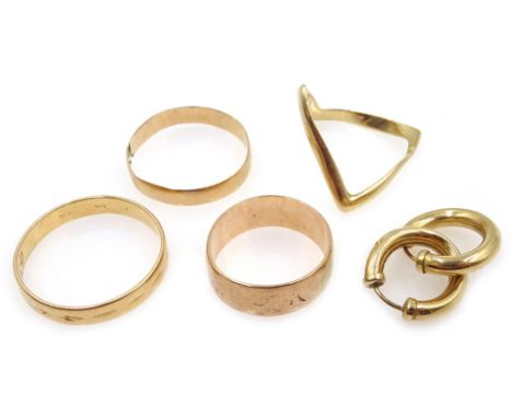 9ct gold rings and pair hoop earrings and two 14ct gold wedding rings Condition Report 9ct 4.5gm K wishbone O14ct 3.6gm size 