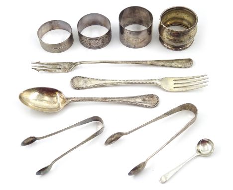 Various silver flatware and napkin rings approx 7.5oz Condition Report Click here for further images, condition, auction time