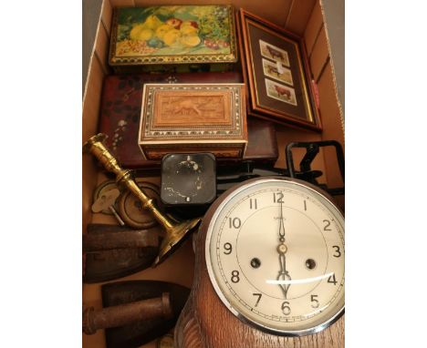 Smiths oak case mantel clock, flat irons, postage scales, various carved wood boxes, cigarette cards, tins etc 