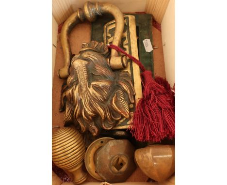 Heavy cast brass lion mask door knocker, various door knobs and letter box front 