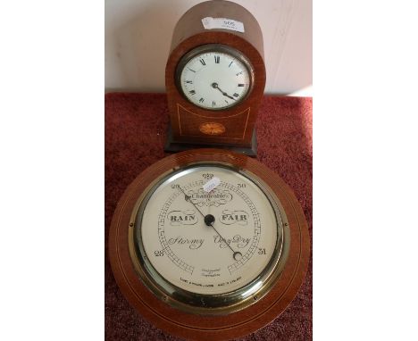 Edwardian mahogany inlaid mantel clock and a wall mounted barometer by Short &amp; Mason, London (2) 