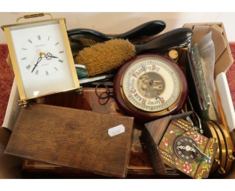 Wall barometer, carved wood box, carriage type clock, dressing table brushes, candlesticks and other items in one box 