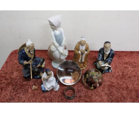 Selection of Chinese terracotta figures, a giant clear glass witches type ball, paperweight, Nao figure etc 