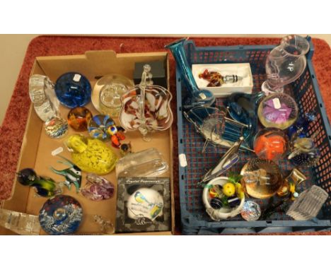 Two boxes containing a selection of various glassware including paperweights, Mdina glass, stained glass yacht etc 