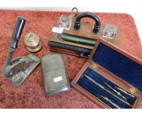 Victorian mahogany and ebonised desk stand/twin inkwell with a Burnham fountain pen, pewter spirit flask, mahogany cased draw