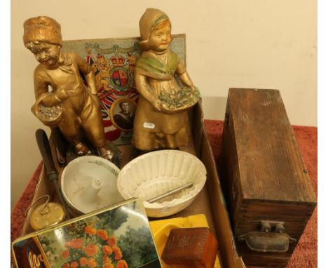 Vintage woodworking plane, pair of painted plaster figures, embroidered naval Coat of Arms with portrait, miniature brass min