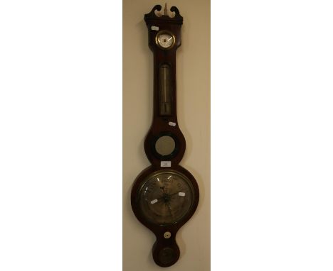 19th C mahogany cased wheel barometer with central mirrored panel 