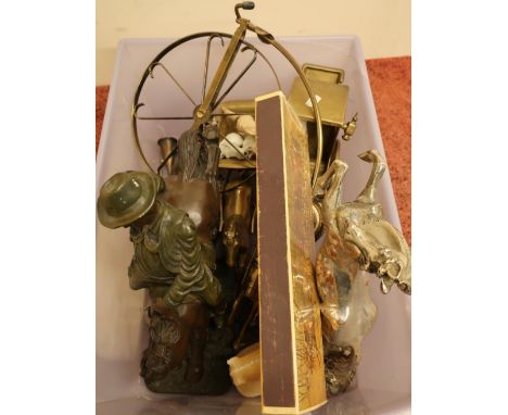 Selection of various decorative items including ceramic horse head bottle pourers, silk plated figure of a rearing horse, var