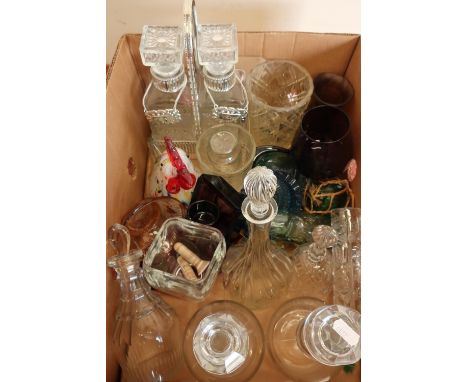 Box of various glass items including a white metal Tantalus, four decanters and various other glassware 