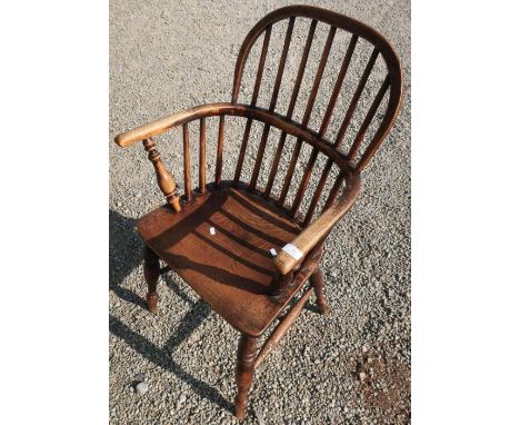 Elm stick back Windsor armchair on turned supports and H shaped understretcher 