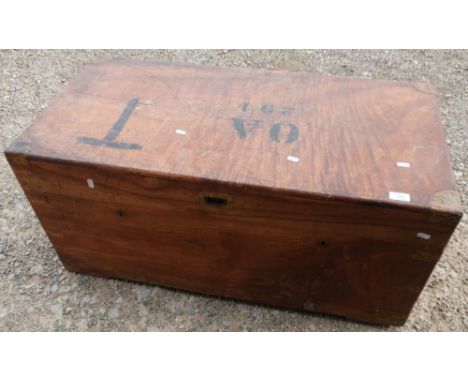 Camphor wood travelling trunk with inset brass handles and mounts (97cm x 48cm x 45cm) 