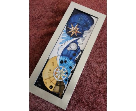 Framed and mounted Moorcroft ceramic panel reverse marked 21/100 Kerri 2013 with various other impressed marks (34cm x 14cm i