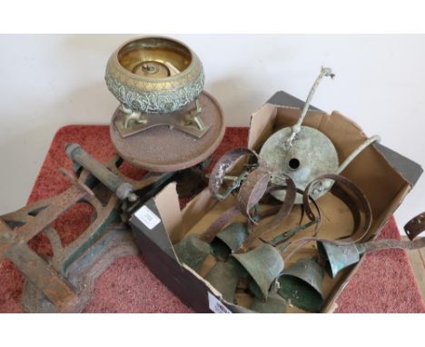 Large pair of Victorian cast metal kitchen scales, Egyptian style jardiniere on stand, a vintage brass lightswitch, servants 
