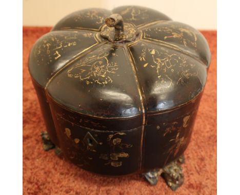 19th C Chinese gilt and lacquer work tea caddy with hinged pumpkin style lid decorated with various gilt figures, revealing l