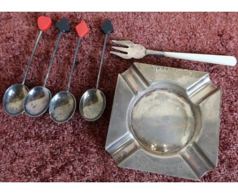 Birmingham silver hallmarked ashtray marked Tiemtsin Golf Club, a set of four silver plated bridge teaspoons and a Mother of 