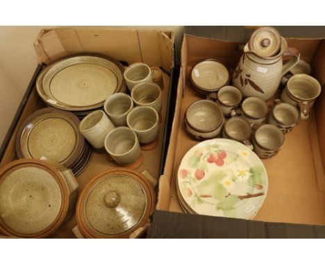 Large quantity of Stoneware studio style ceramic breakfast/dinner service and set of six fruit patterned plates (2 boxes) 