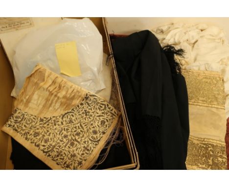 Various vintage lace silk work throws, sheets, shawls and other textiles in one box including a boxed garland for Richard &am