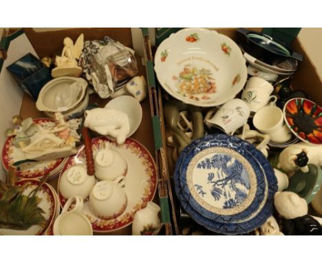 Two boxes, one containing a selection of various ceramics including Bristol side plates, saucers, cups, decorative ceramic fa