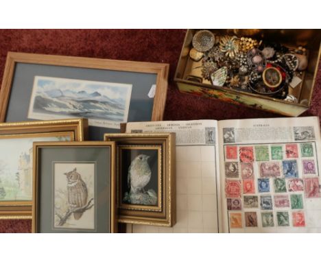 Small framed prints, framed needlework picture of an owl, watercolour of a castle, stamp album containing quantity of various