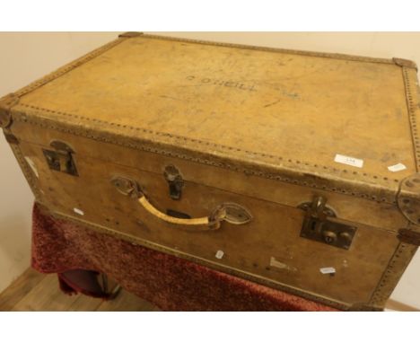 Quality vintage rectangular travelling trunk with hinge lift up top and fitted interior (lacking tray) and label for Harrods 