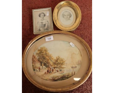Gilt framed oval 19th C watercolour of landscape scene depicting figures on waters edge, a framed portrait engraving and a gi