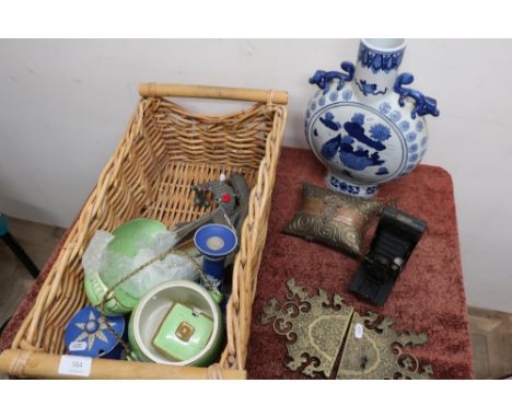 Elaborate brass door lock plate, small lead glazed panels, Wedgwood blue &amp; white Jasper ware candlestick and table pot, M