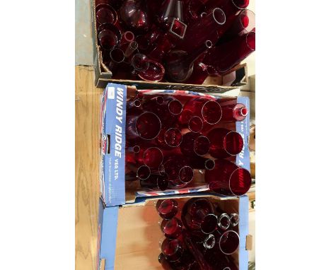 Extremely large quantity of cranberry, ruby and other red glassware in three boxes 