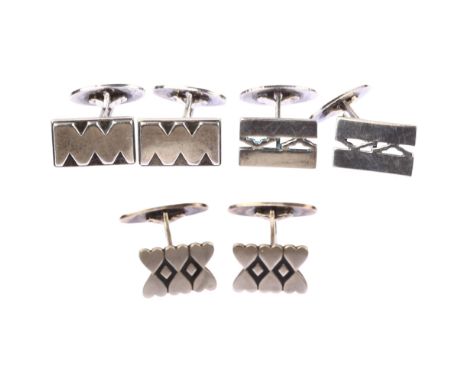 3 pairs of Danish silver abstract cufflinks, makers include Paul Bang, largest panel length 19.3mm, 36.6g total (3 pairs)No d