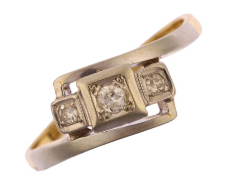 An Art Deco 18ct gold three stone diamond crossover ring, platinum-topped set with round-cut diamonds, total diamond content 