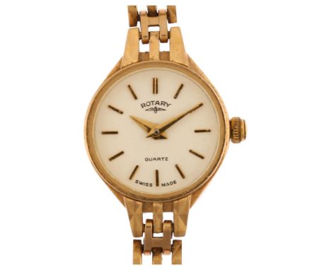 ROTARY - a lady's 9ct gold quartz bracelet watch, white dial with gilt baton hour markers and 9ct strap, case width 16mm, not