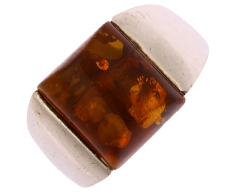 A large Danish modernist sterling silver Baltic amber tank ring, unsigned, setting height 15.5mm, size U, 14.6gNo damage or r