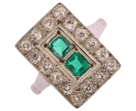 An Art Deco 18ct white gold and platinum emerald and diamond rectangular cluster panel ring, set with rectangular step-cut em