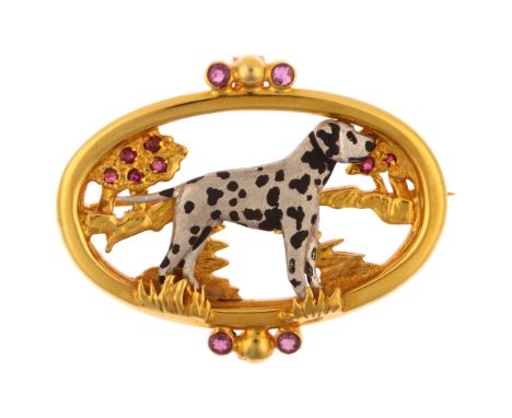 A modern 18ct two-colour gold ruby figural Dalmatian dog pendant/brooch, oval form with pierced openwork design, maker's mark