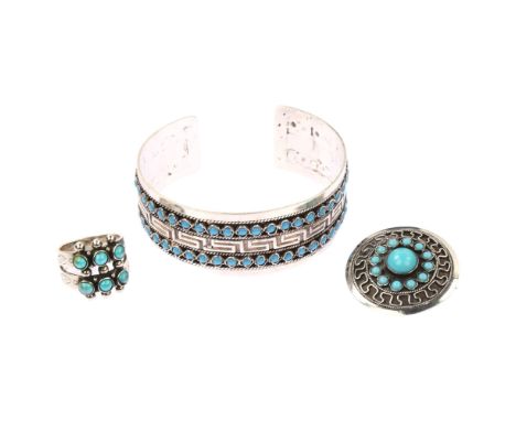 A group of Mexican sterling silver and turquoise jewellery, including cuff bangle, ring and brooch, ring size M, 37.7g total 