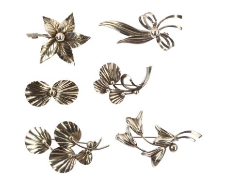 6 Danish silver floral brooches, makers include Hermann Siersbol and John Lauridsen, largest length 55.5mm, 29.7g total (6)No