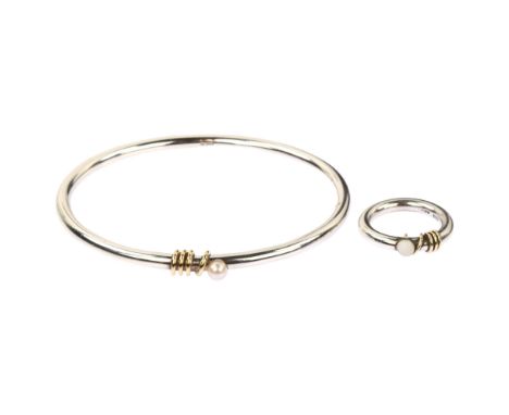 RAUFF - a modern Danish sterling silver and cultured pearl matching slave bangle and ring set, with coiled decoration, bangle