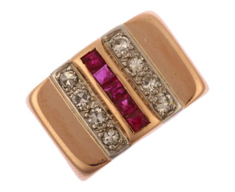 A mid-20th century ruby and diamond signet ring, unmarked 14ct rose gold odenesque settings with square-cut rubied and single