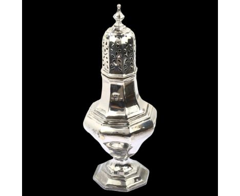 A George V silver baluster sugar caster, by Henry Matthews, hallmarks Birmingham 1911, height 19cm, 3.8ozStem has been re-sol