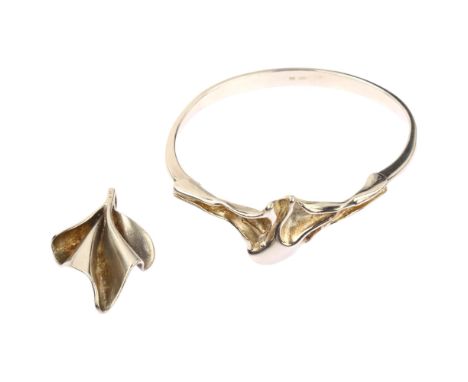 A Danish modernist sterling silver abstract fold torque bangle and pendant, makers include Gifa and Hermann Siersbol, bangle 