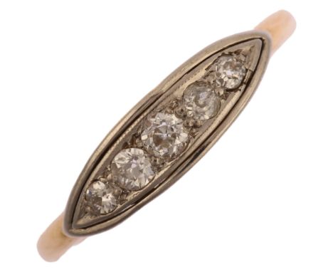 An early 20th century 18ct gold graduated five stone diamond half hoop ring, platinum-topped set with old-cut diamonds, total