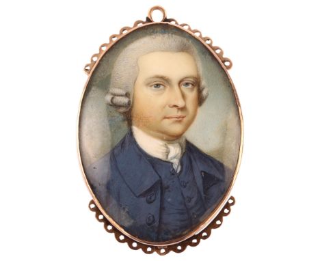 A Georgian portrait miniature watercolour on ivory pendant/clasp, unmarked rose gold closed-back settings with hand painted p